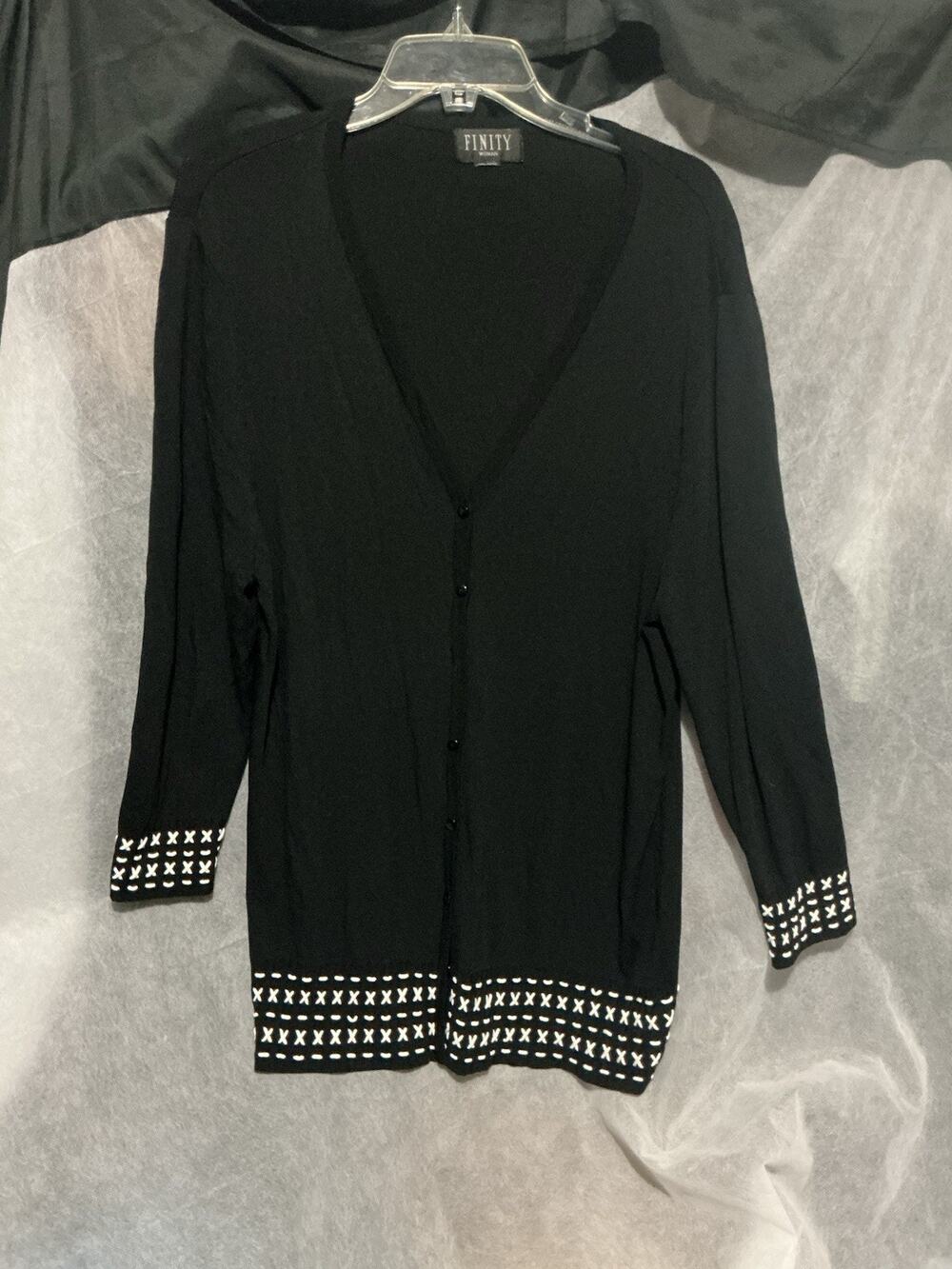 Vtg Finity Black Knit Cardigan V-Neck Button Front Sweater White Geometric SZ XL